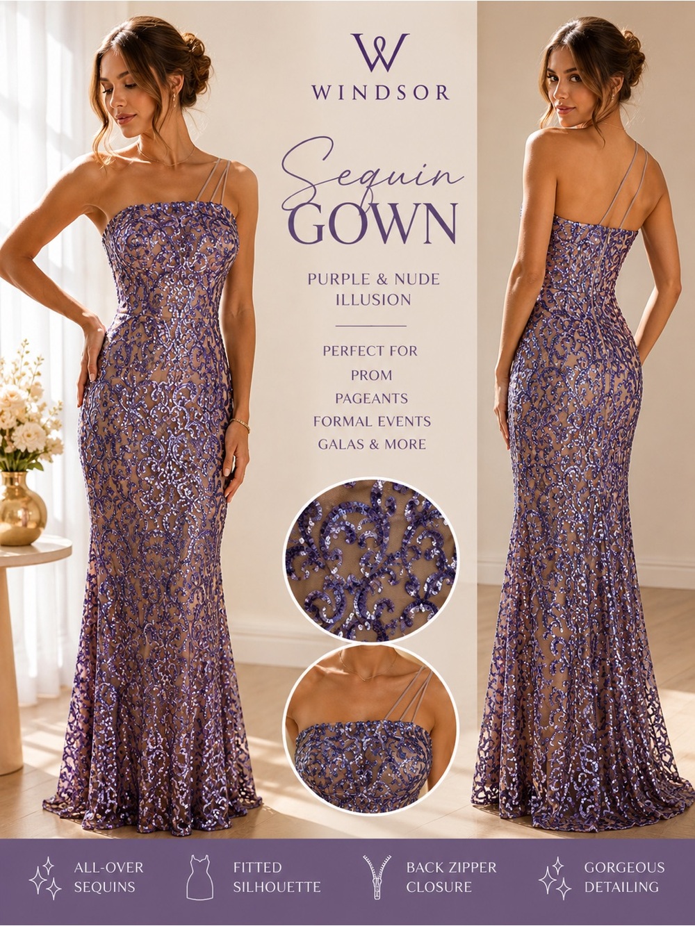 Windsor Purple Sequin Formal Gown Nude Illusion Maxi Prom Pageant Dress